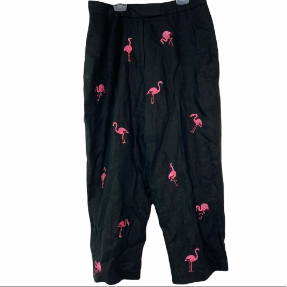 Deane & White black linen pink flamingo pants. 14